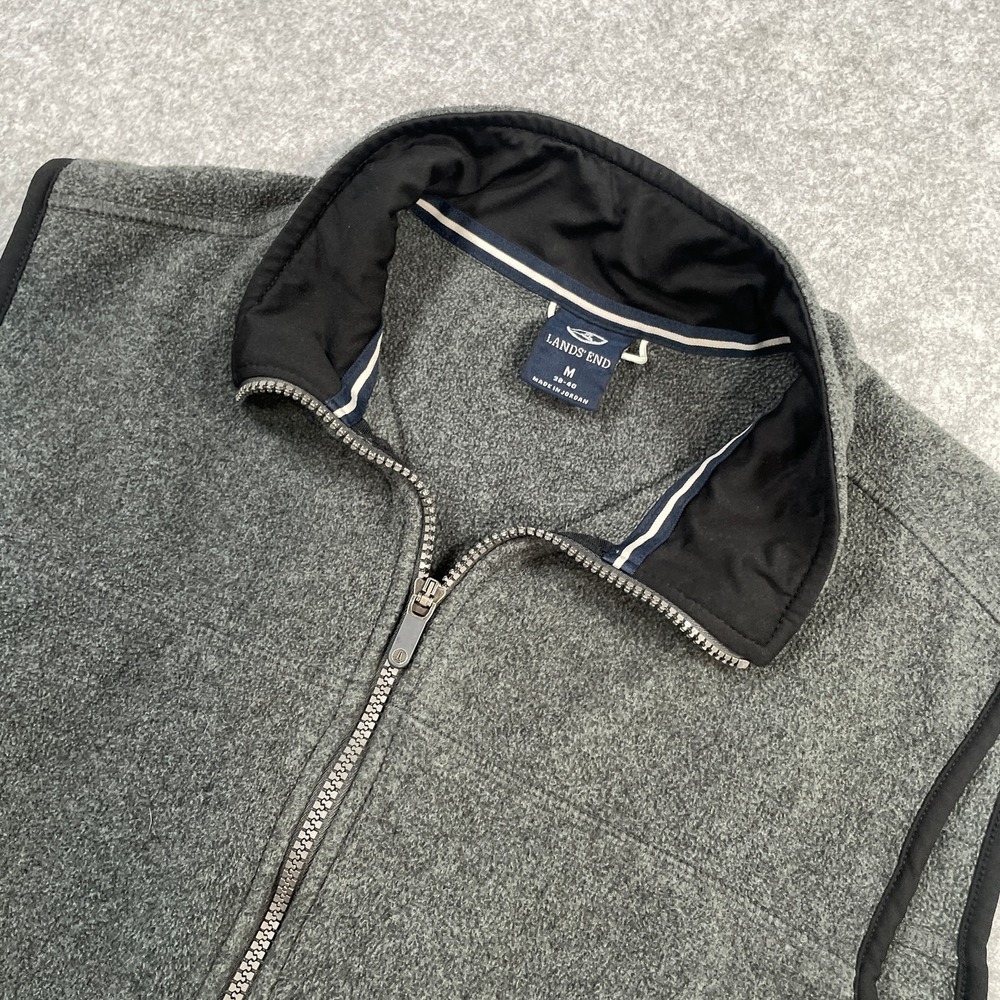 Lands' End Mens Fleece Vest Medium Gray Full Zip Mock Neck Adjustable Hem